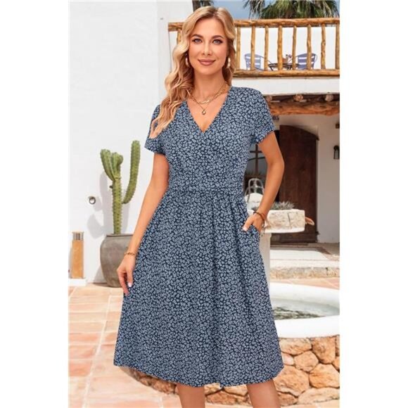 Women's Summer Short Sleeve V-Neck Floral Short Party Dress with Pockets - Picture 3 of 6